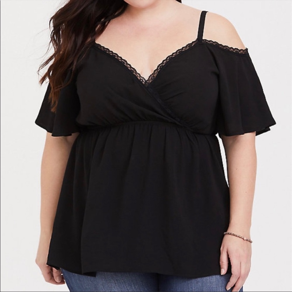 Lace Trimmed Cold Shoulder Surplice Top